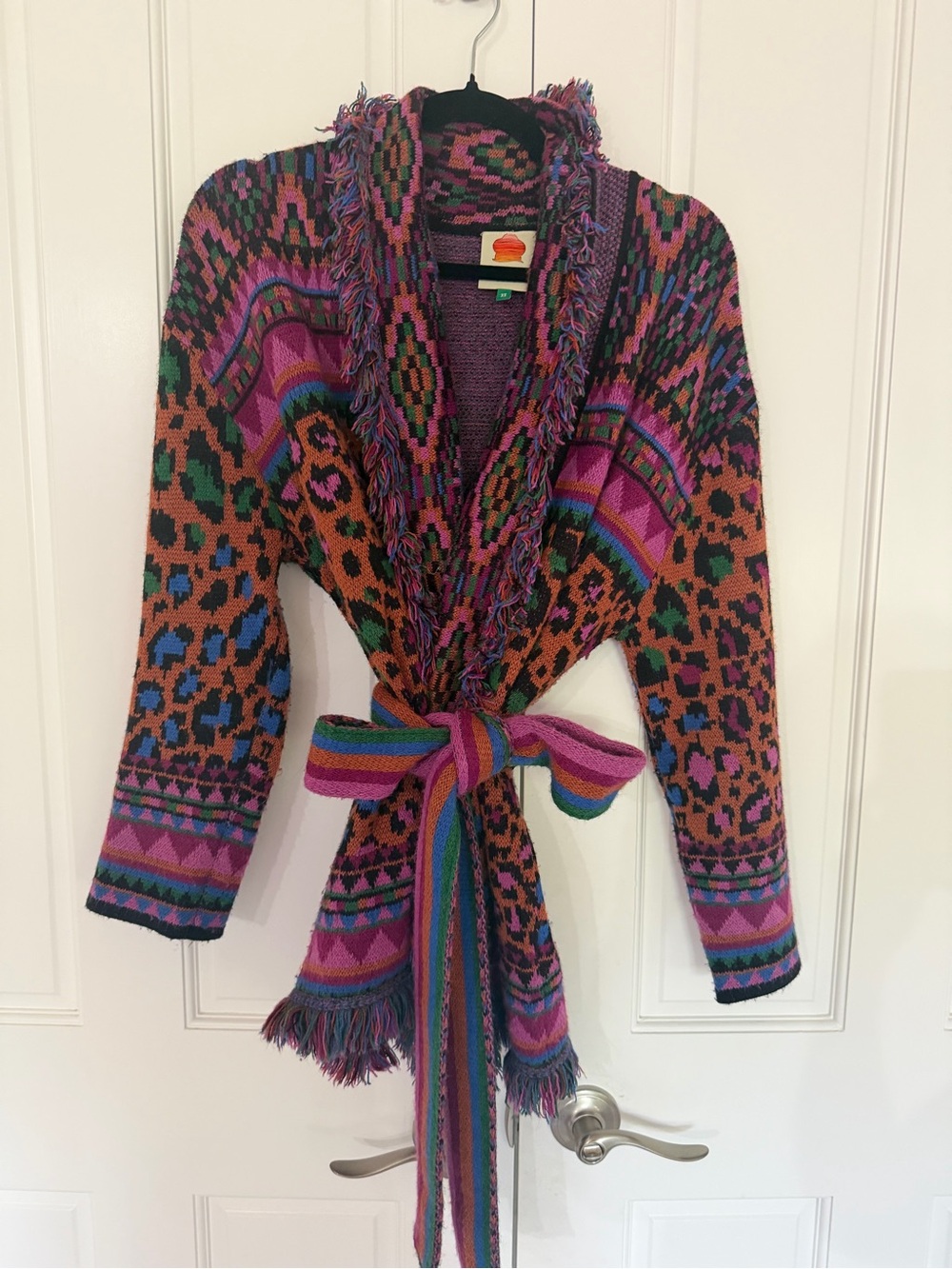 FARM Rio Red Ainika Tapestry Fringe Belted Cardigan Sweater Shawl Collar XS